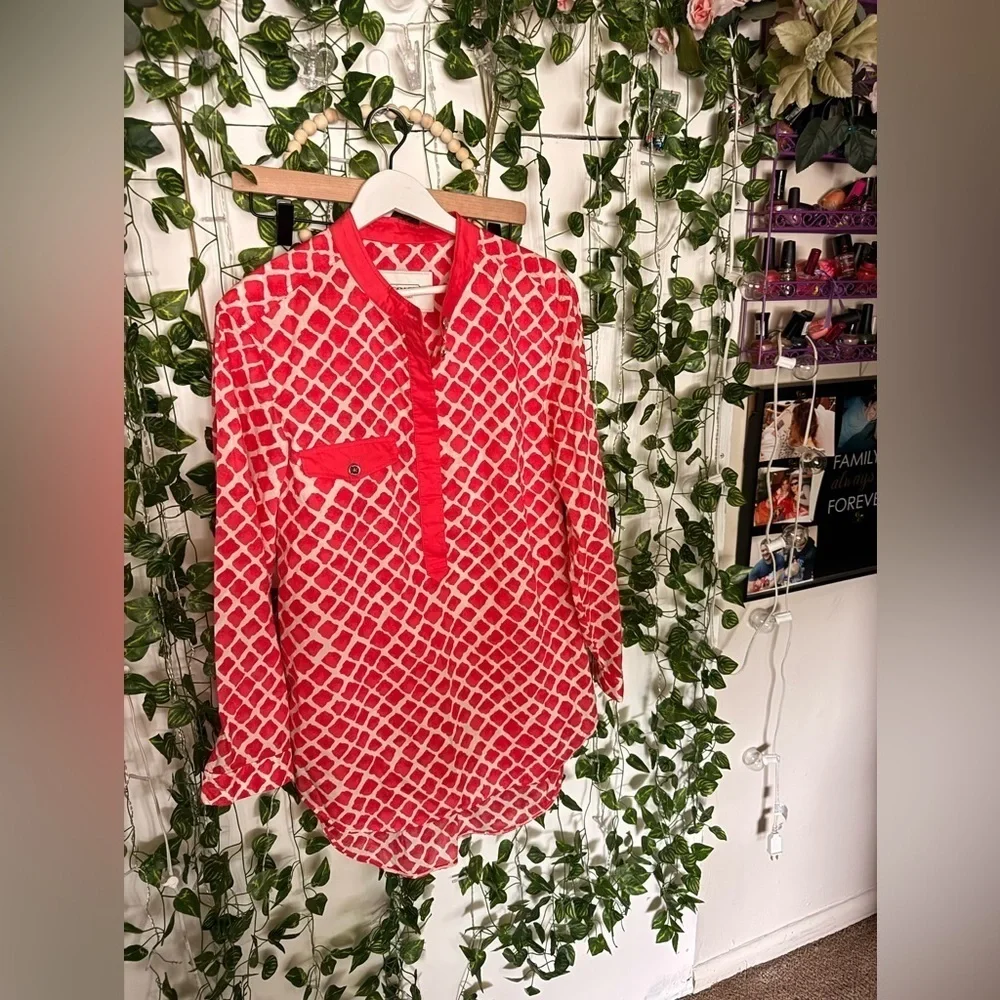 Coach Red and White Patterned Blouse